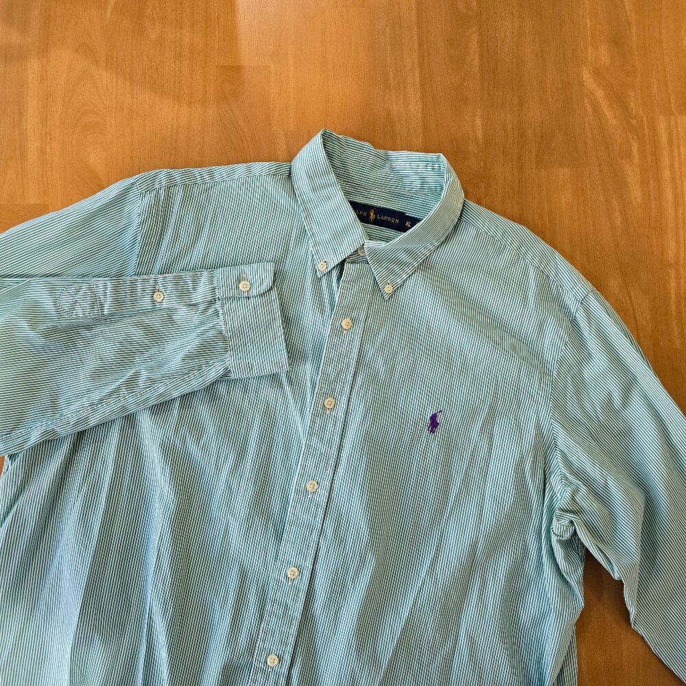 Ralph Lauren Men's Button Up Dress Shirt Green‎ White Stripe Pony Logo Size XL